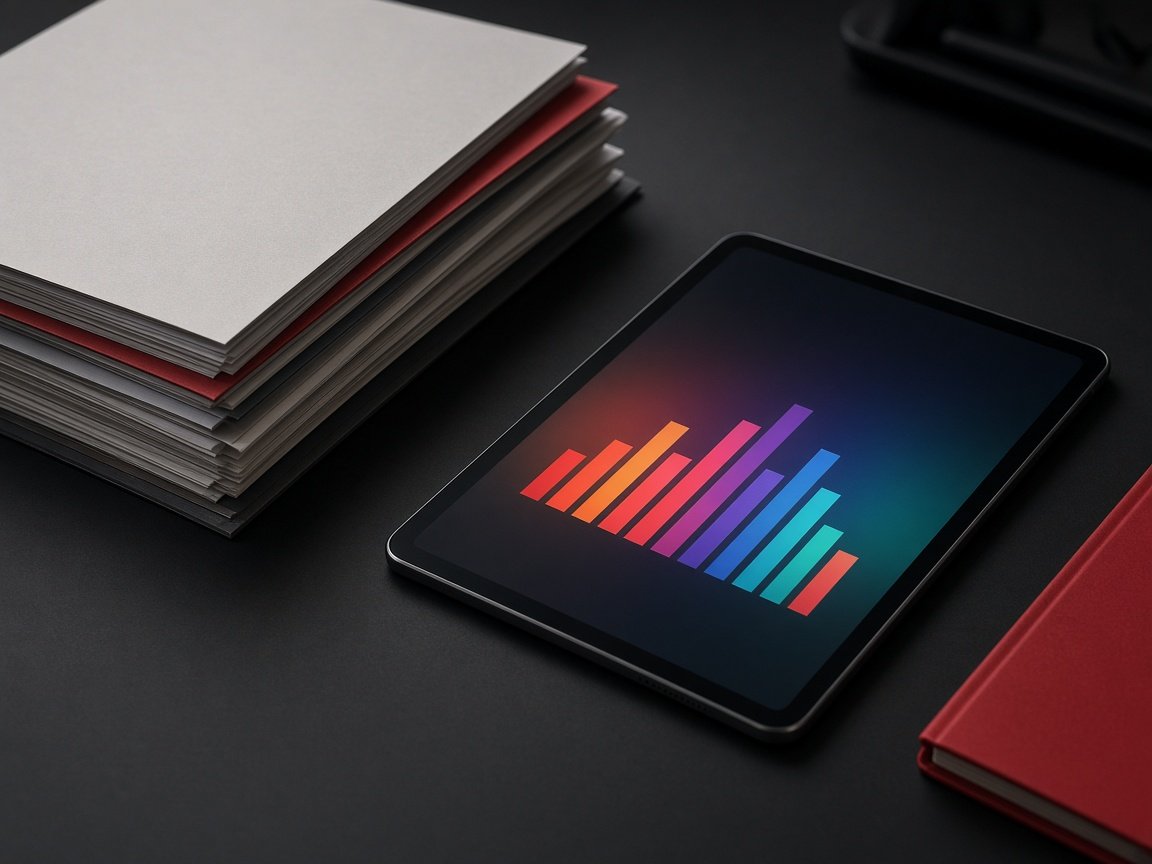 Analytics tablet with abstract bar chart beside report folders
